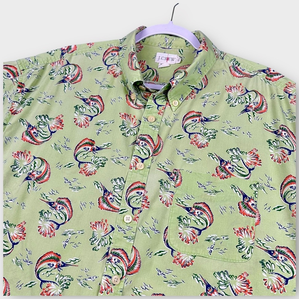 VTG J Crew Shirt Mens XL Green Marlin Fish Print Short Sleeve Cotton Oarsman